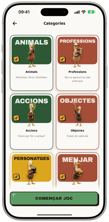 Mímica a Kwako: tria de baralles d'animals, oficis, accions, objectes, personatges i menjar