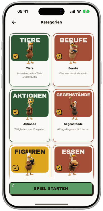 Scharade in Kwako: Auswahl der Stapel Tiere, Berufe, Aktionen, Gegenstände, Figuren und Essen