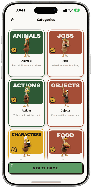 Charades in Kwako: the deck picker with animals, jobs, actions, objects, characters and food