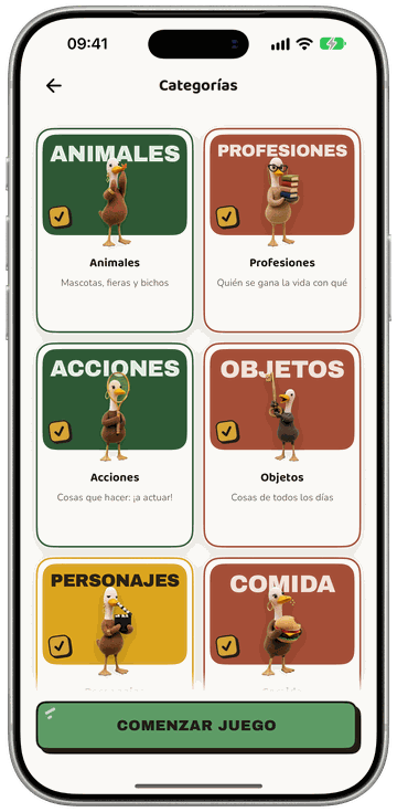 Mímica en Kwako: elección de mazos de animales, oficios, acciones, objetos, personajes y comida