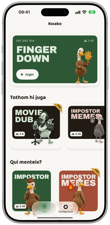 Pantalla d'inici de Kwako en un iPhone: el joc del dia i el prestatge de jocs de festa