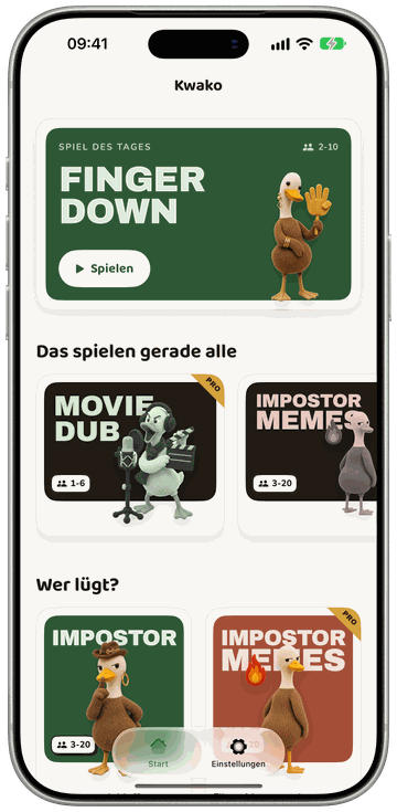 Kwako-Startbildschirm auf einem iPhone: das Spiel des Tages und das Regal mit Partyspielen