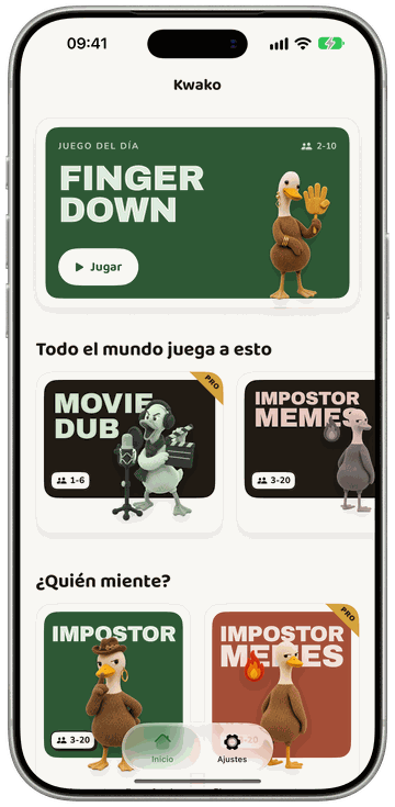 Pantalla de inicio de Kwako en un iPhone: el juego del día y la estantería de juegos de fiesta