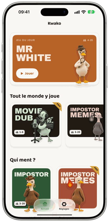 Écran d'accueil de Kwako sur un iPhone : le jeu du jour et l'étagère de jeux de soirée