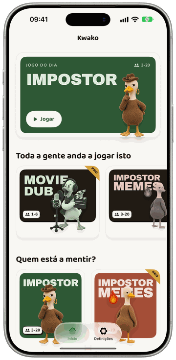 Ecrã inicial do Kwako num iPhone: o jogo do dia e a prateleira de jogos de festa