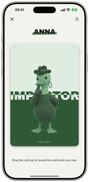 Impostor in Kwako: Anna's secret role card, ready to drag up and reveal